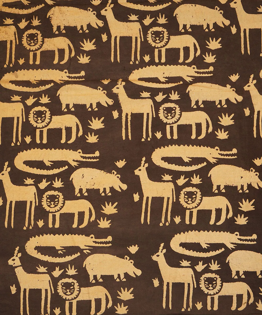 0.9m Black off white jungle design hand block print cotton linen fabric