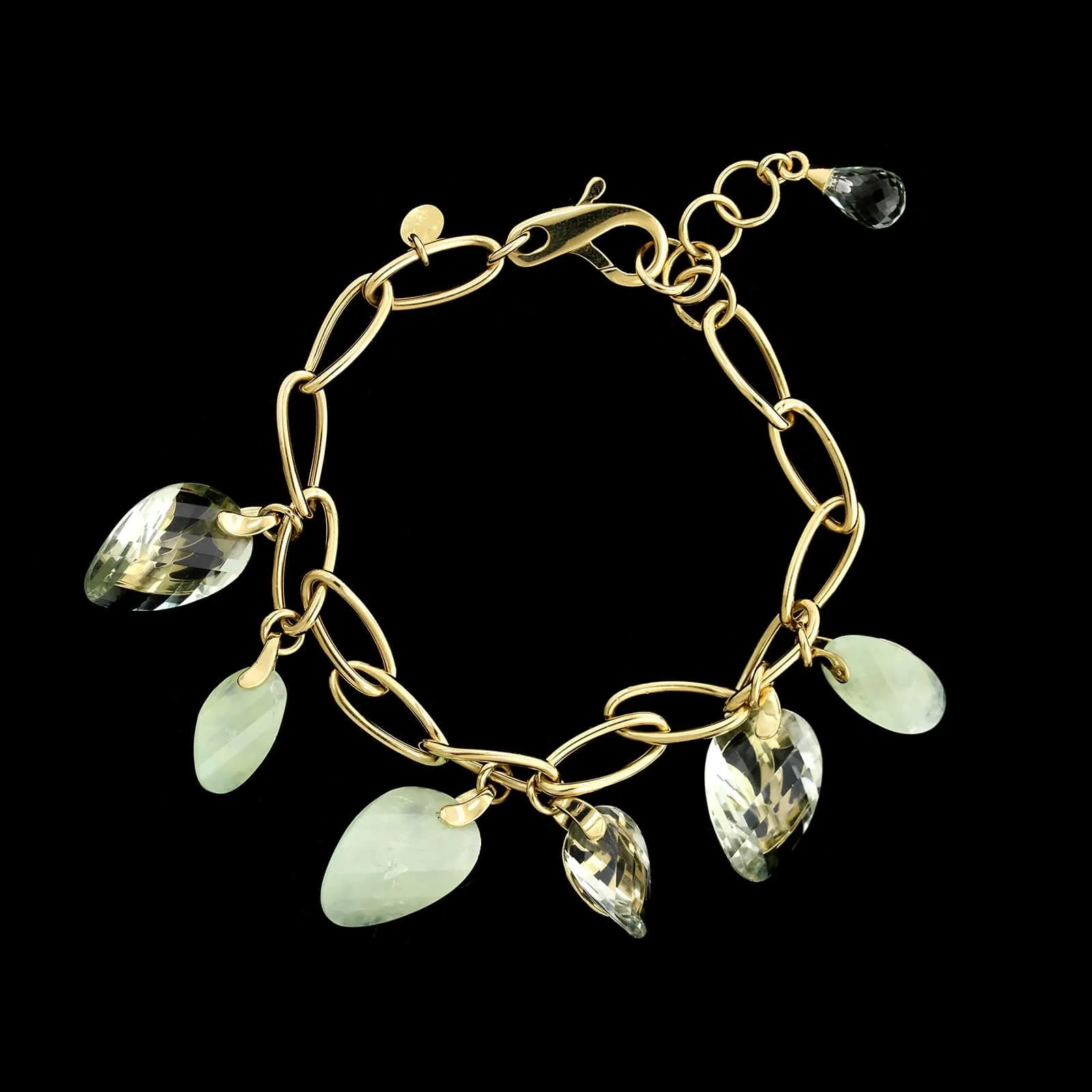 14K Yellow Gold Estate Green Quartz Charm Bracelet