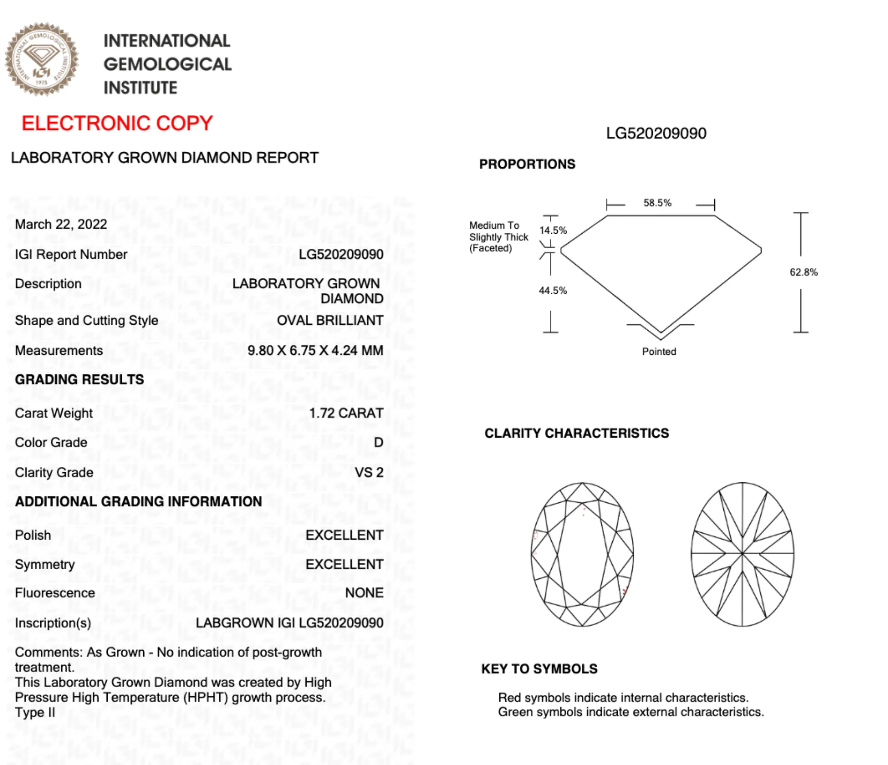 1.72CT D VS2 EX EX NONE Oval Loose Lab Grown Diamond - LG520209090