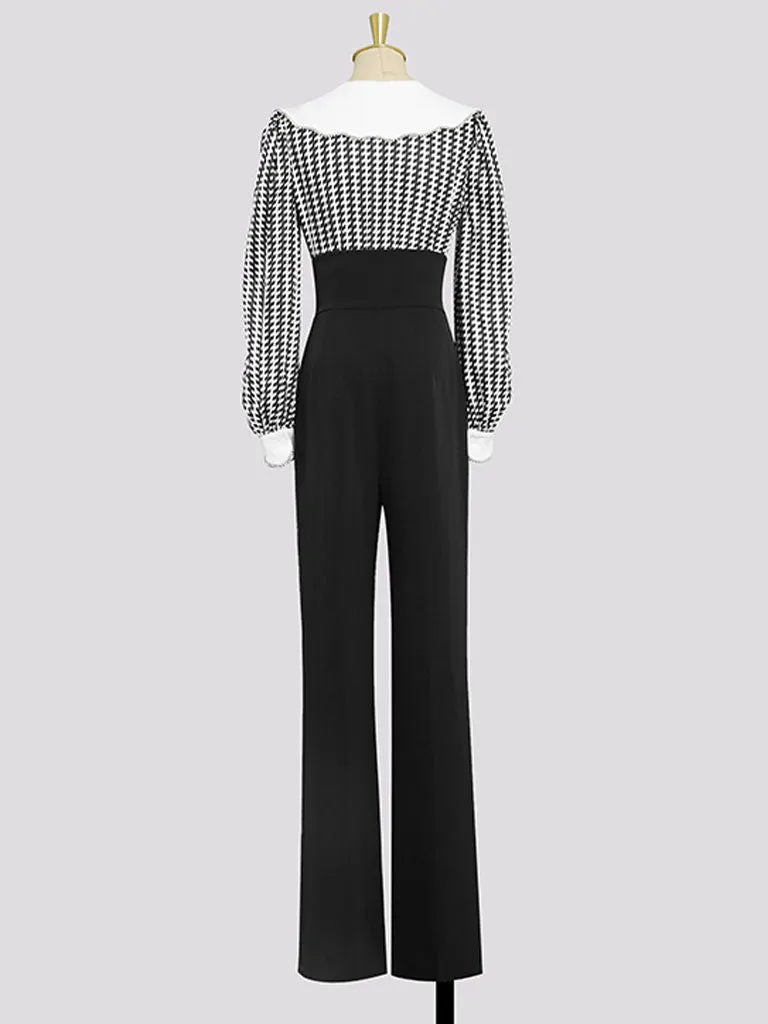 2PS Black Print Long Sleeve Rhinestone Top With High Waist Wide Leg Pants Suit