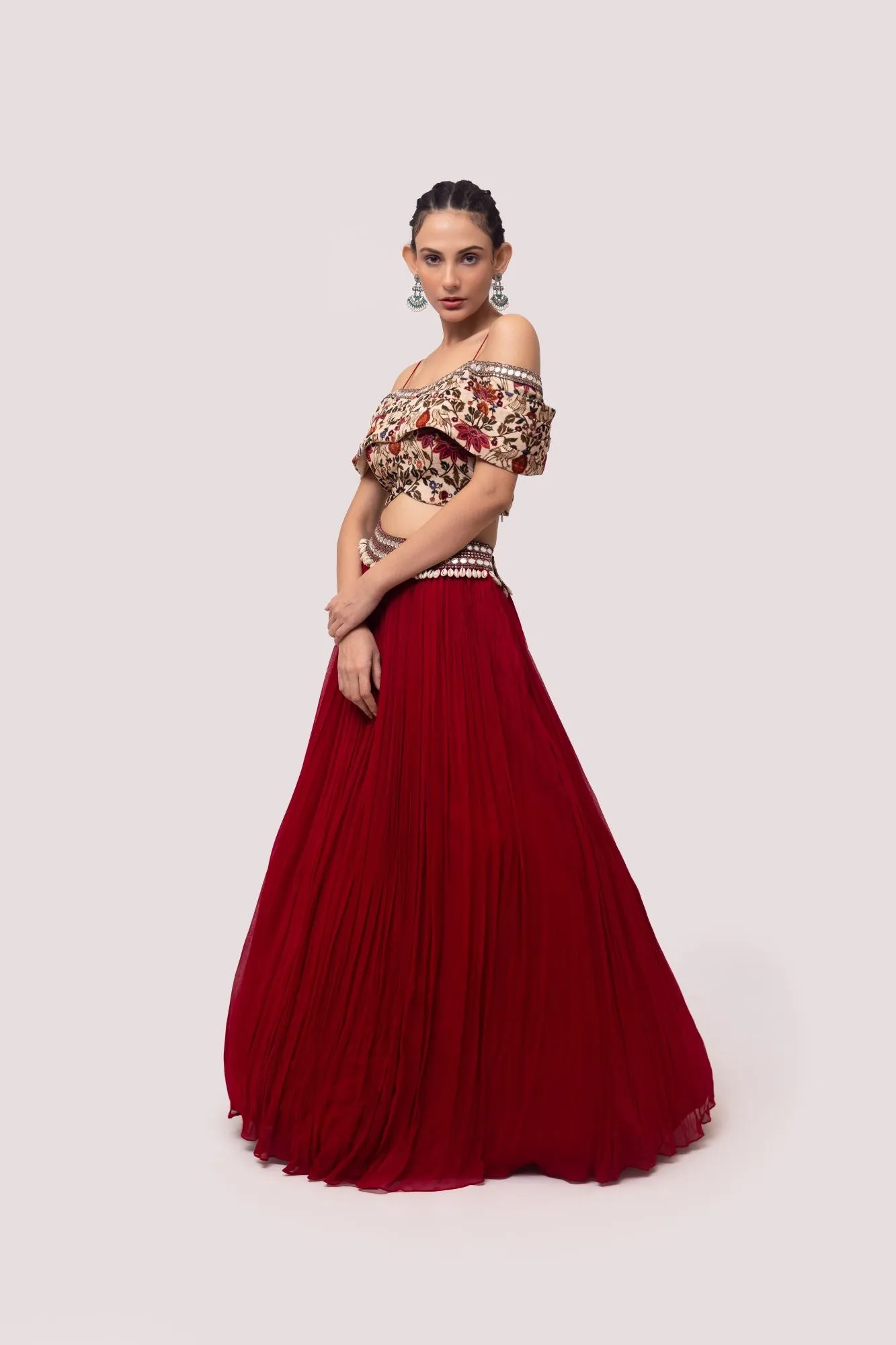 30Z356-RO Red Velvet and Georgette Embroidered Skirt Set