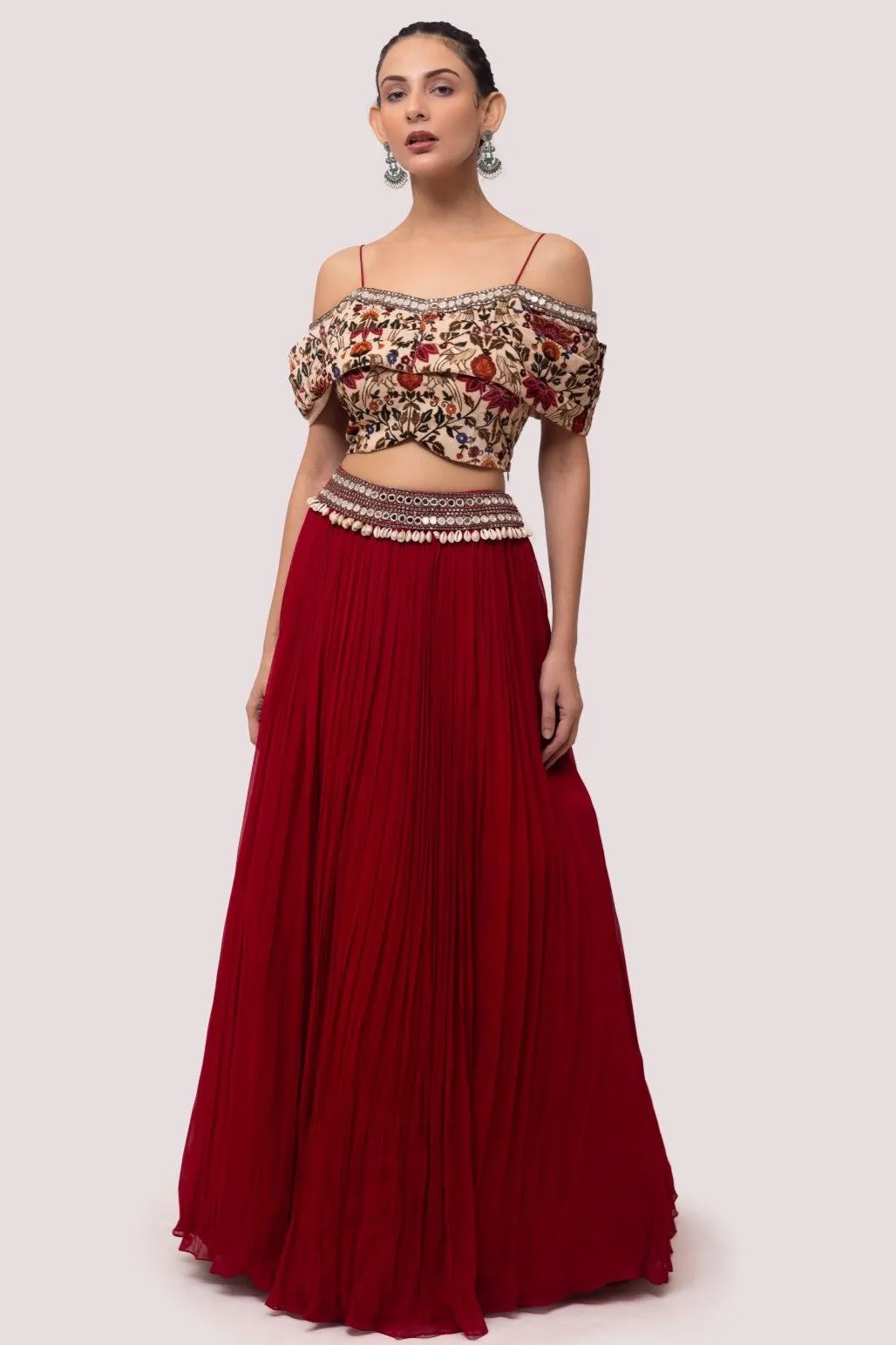 30Z356-RO Red Velvet and Georgette Embroidered Skirt Set