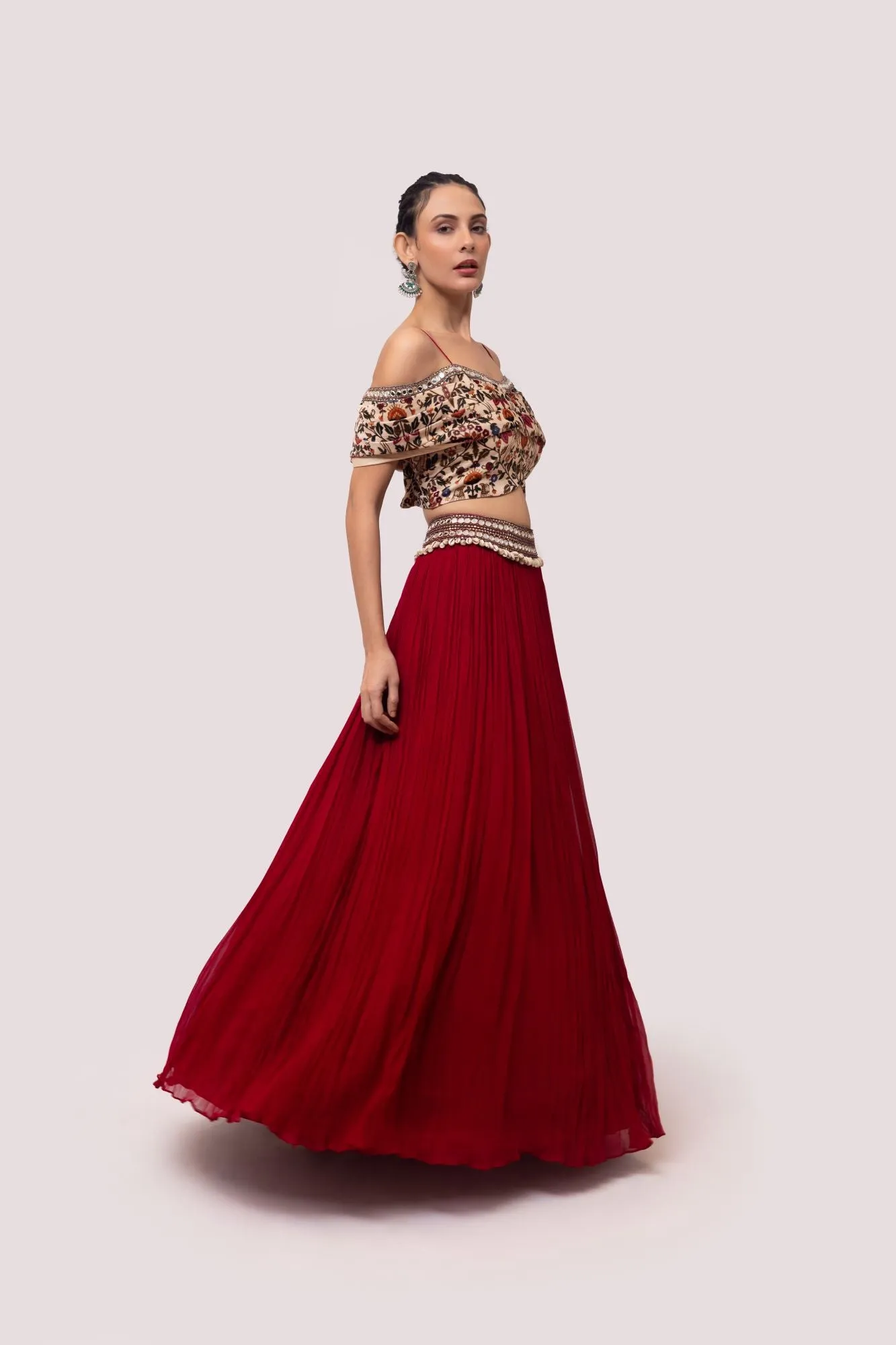 30Z356-RO Red Velvet and Georgette Embroidered Skirt Set