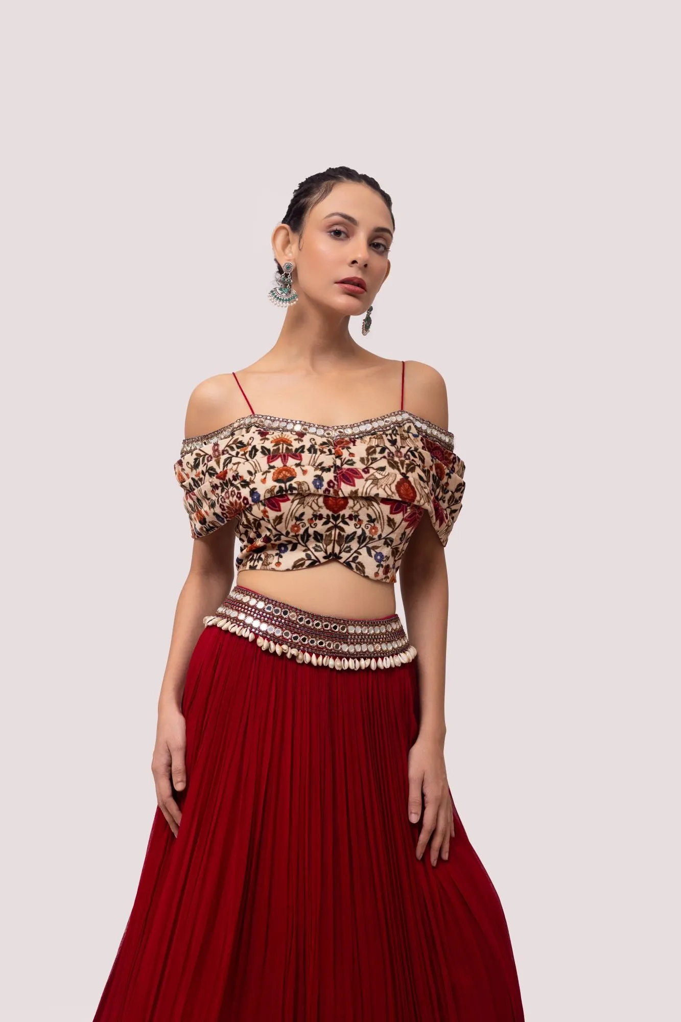 30Z356-RO Red Velvet and Georgette Embroidered Skirt Set