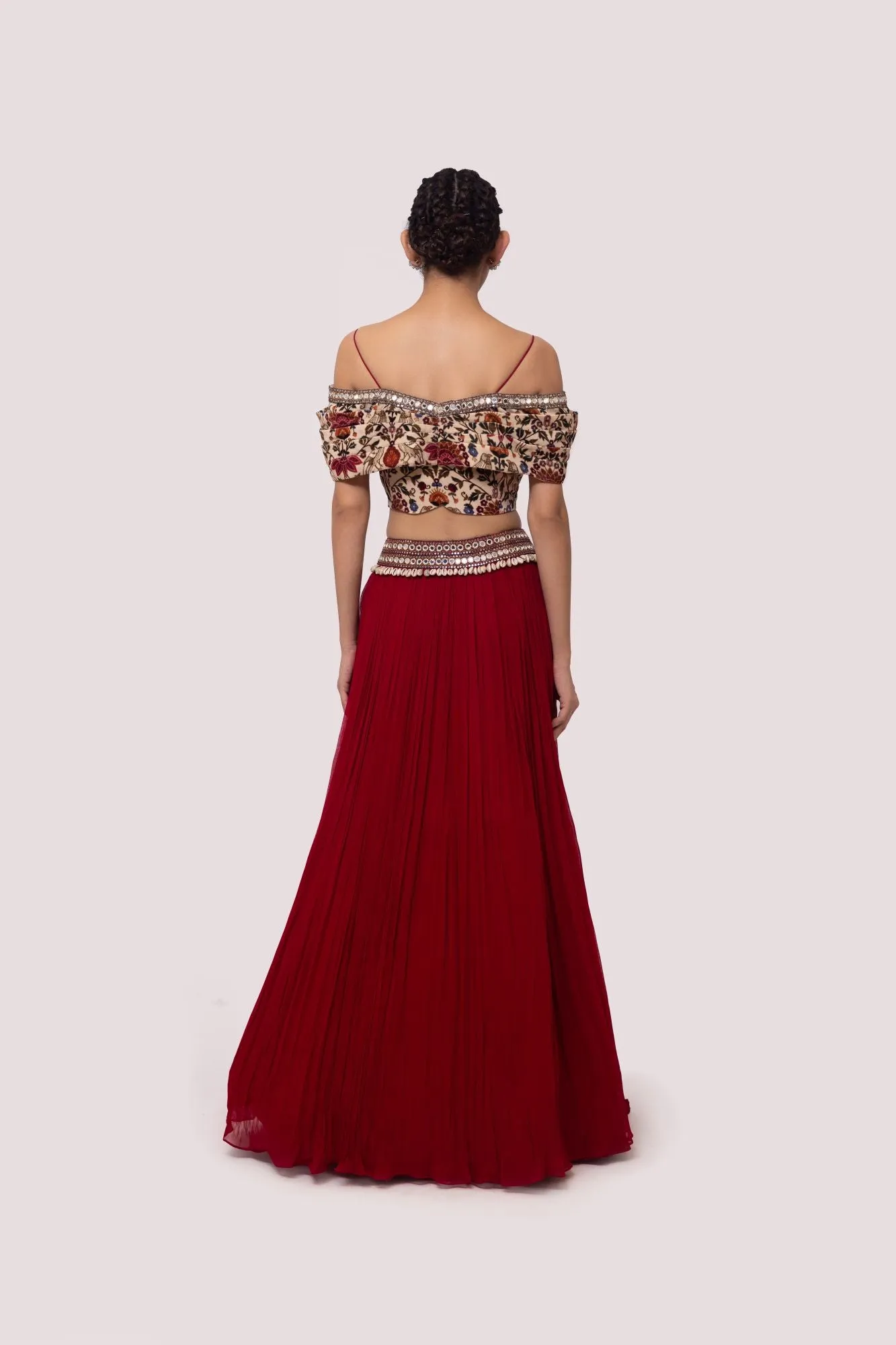 30Z356-RO Red Velvet and Georgette Embroidered Skirt Set