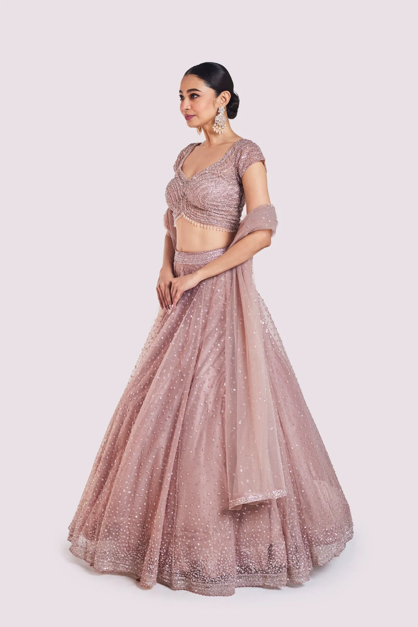 30Z381-RO Onion Pink Embroidered Net Lehenga with Dupatta