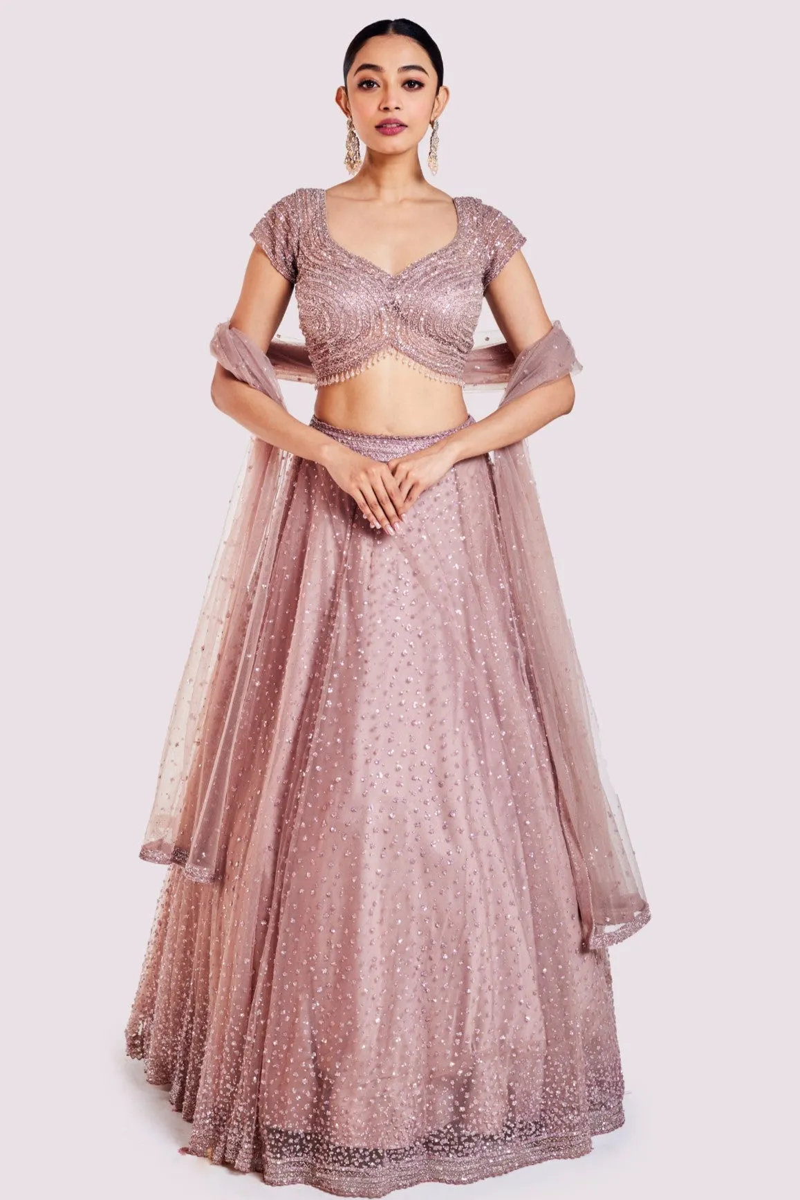 30Z381-RO Onion Pink Embroidered Net Lehenga with Dupatta