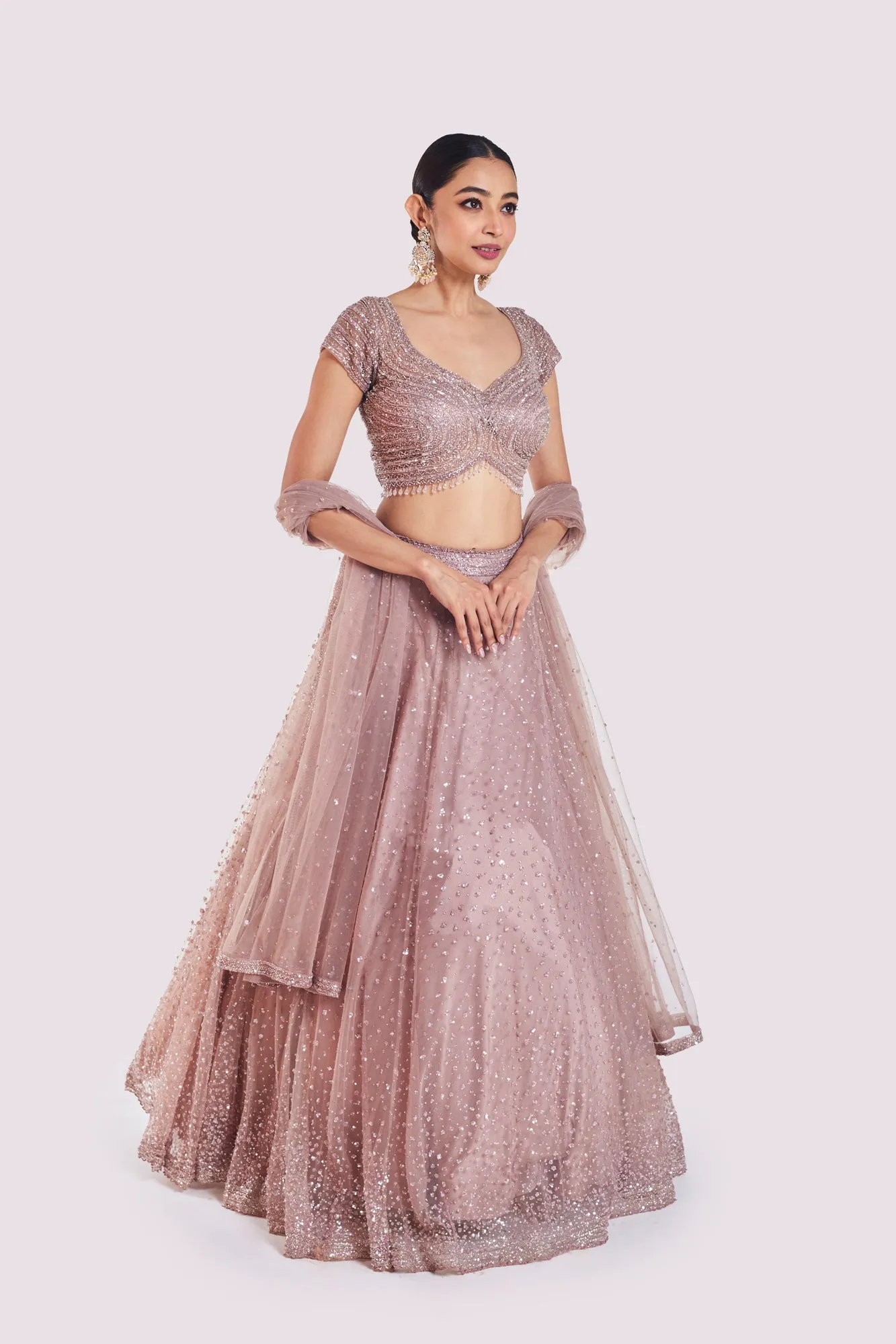 30Z381-RO Onion Pink Embroidered Net Lehenga with Dupatta