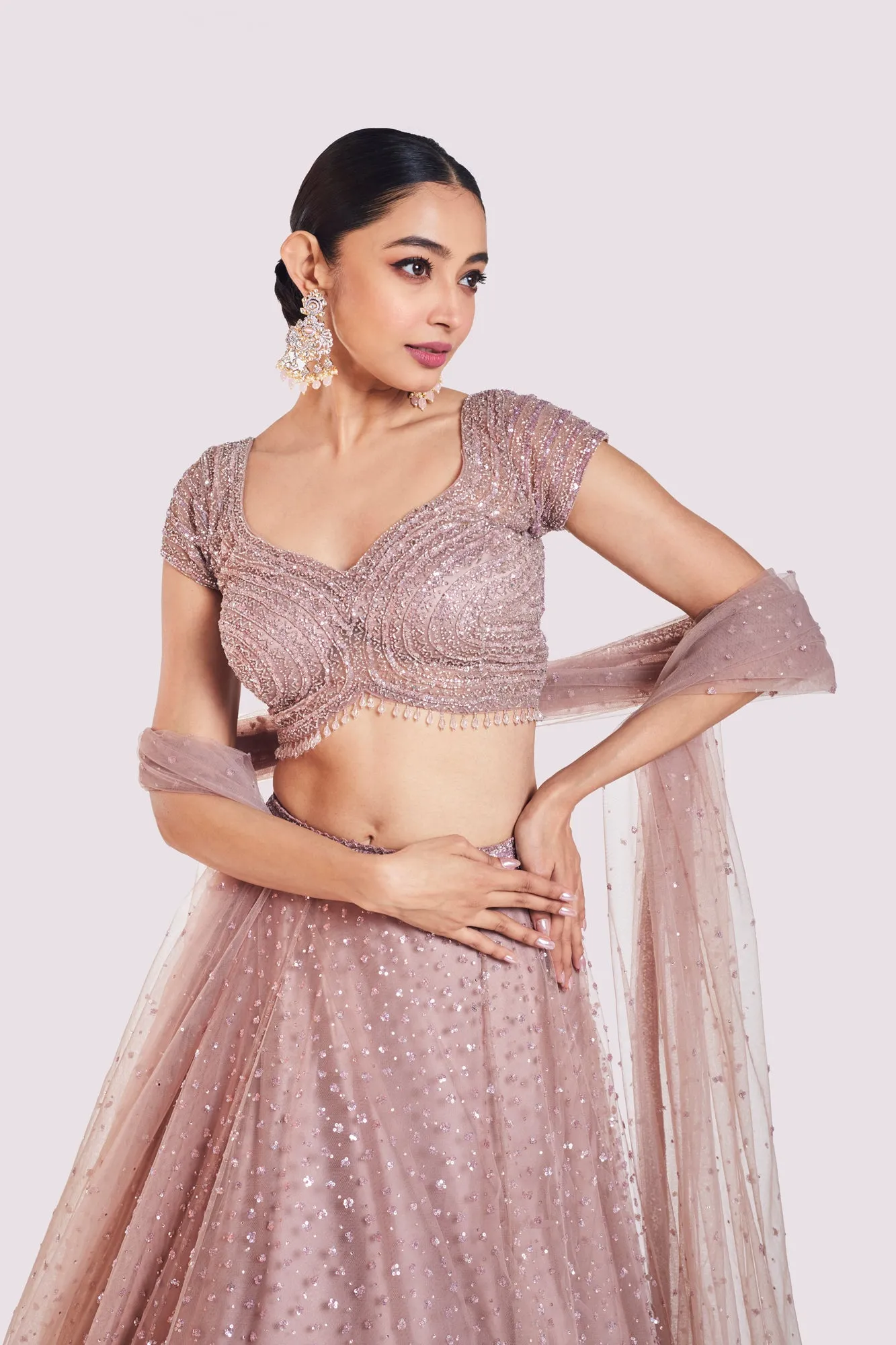 30Z381-RO Onion Pink Embroidered Net Lehenga with Dupatta