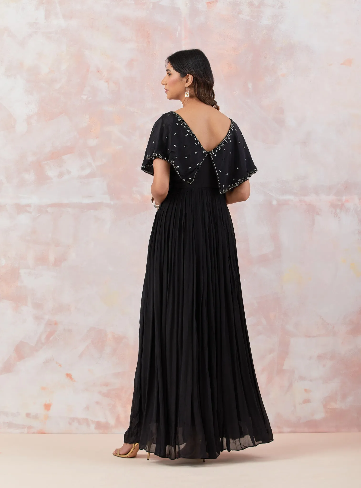 50Z860-RO Black Caped Georgette Gown With Embroidery