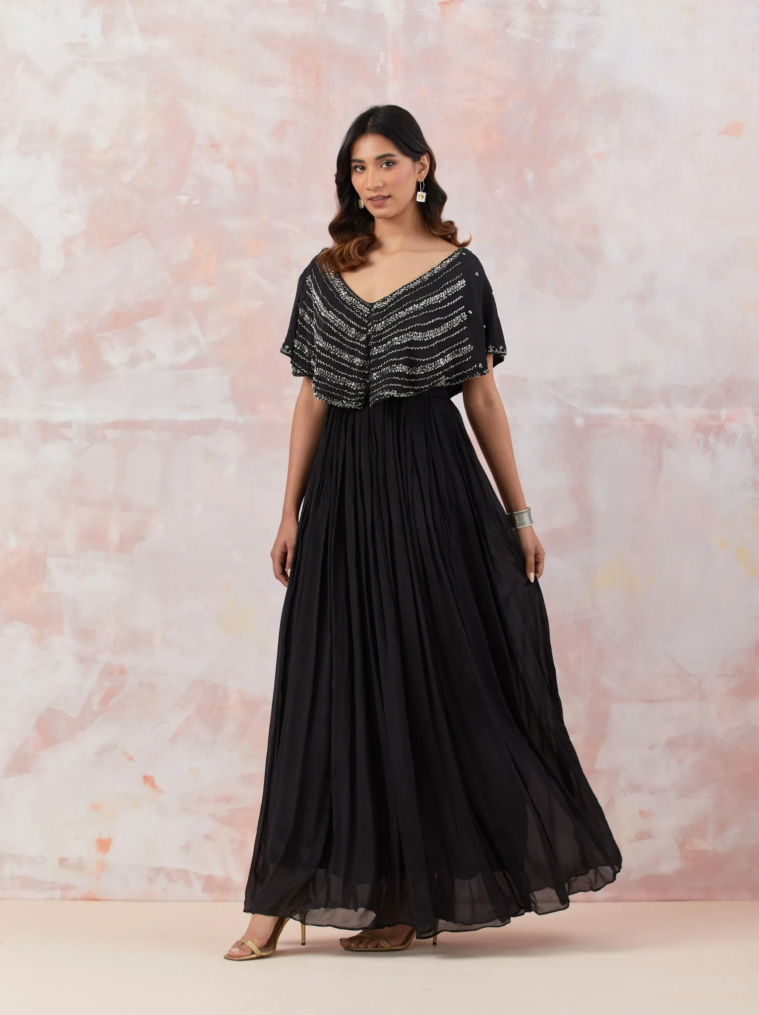 50Z860-RO Black Caped Georgette Gown With Embroidery