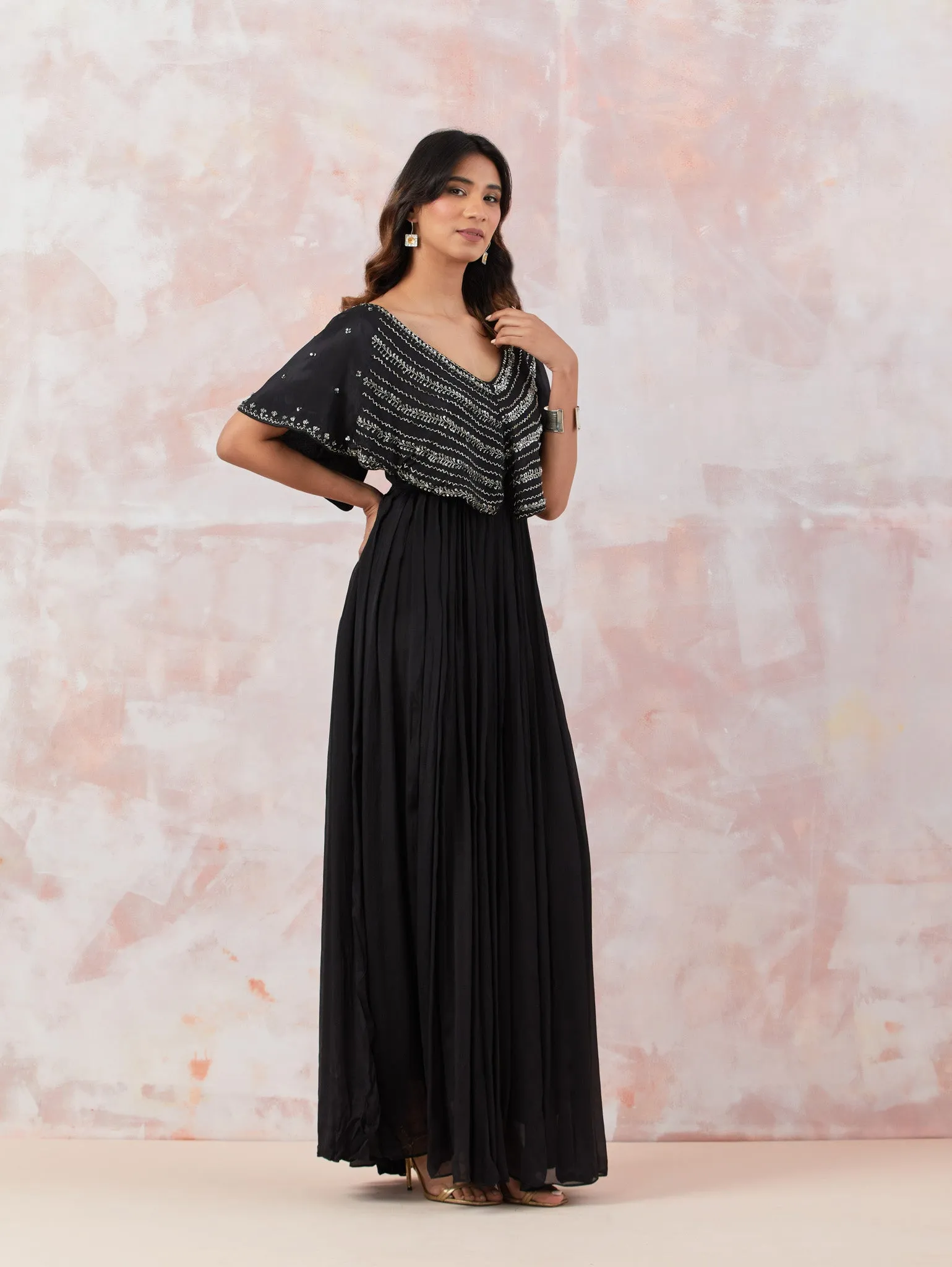 50Z860-RO Black Caped Georgette Gown With Embroidery