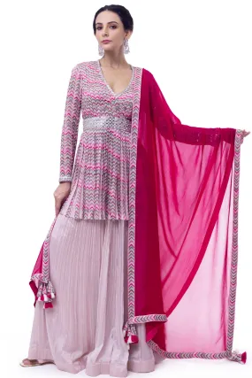 50Z910-RO Pink Chiffon Peplum Sharara Suit with Rani Dupatta