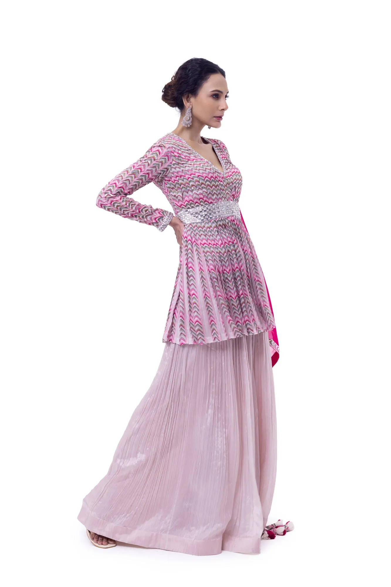 50Z910-RO Pink Chiffon Peplum Sharara Suit with Rani Dupatta