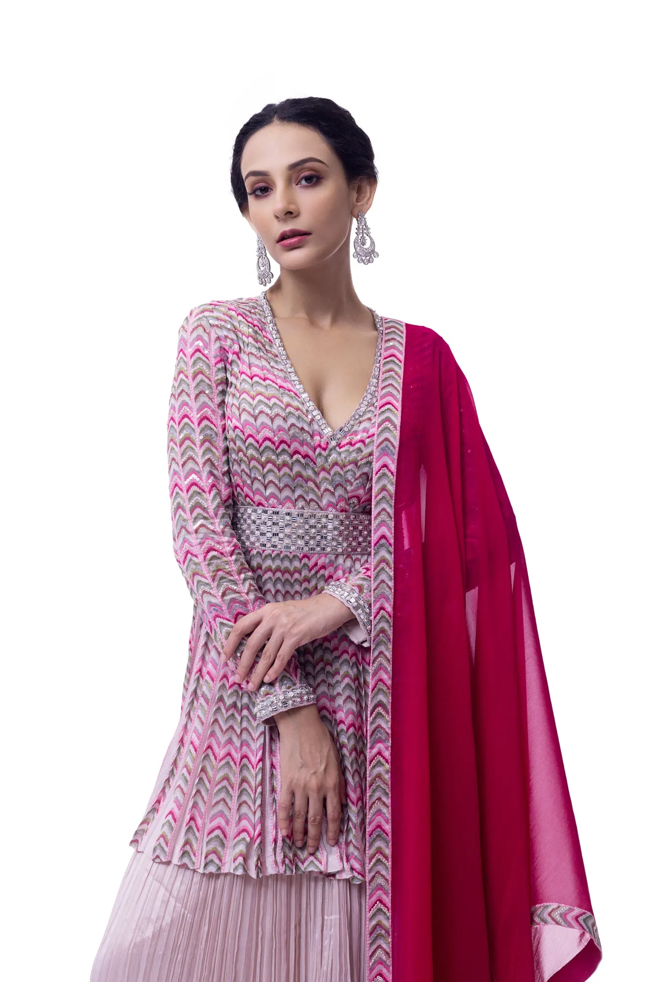 50Z910-RO Pink Chiffon Peplum Sharara Suit with Rani Dupatta