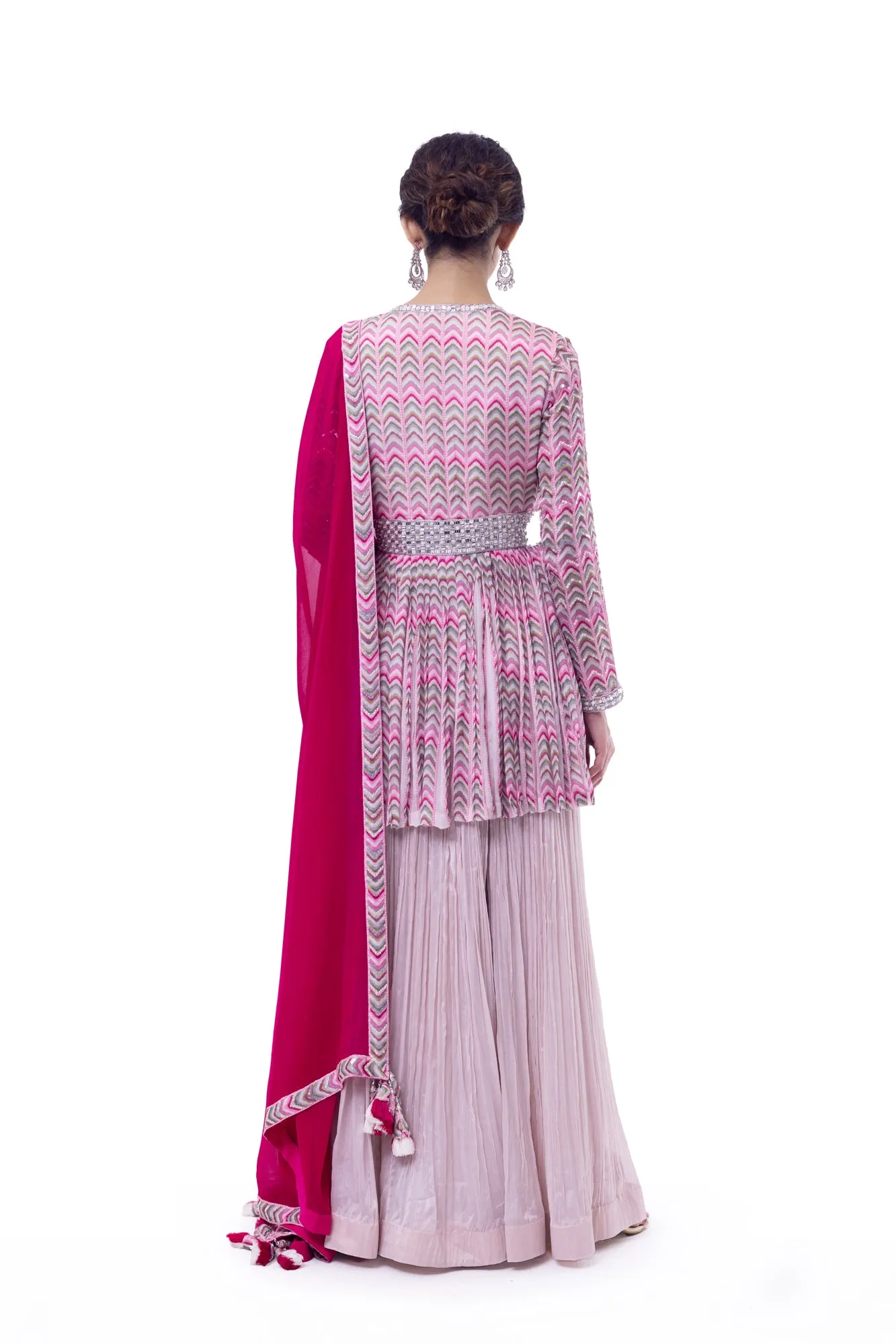 50Z910-RO Pink Chiffon Peplum Sharara Suit with Rani Dupatta