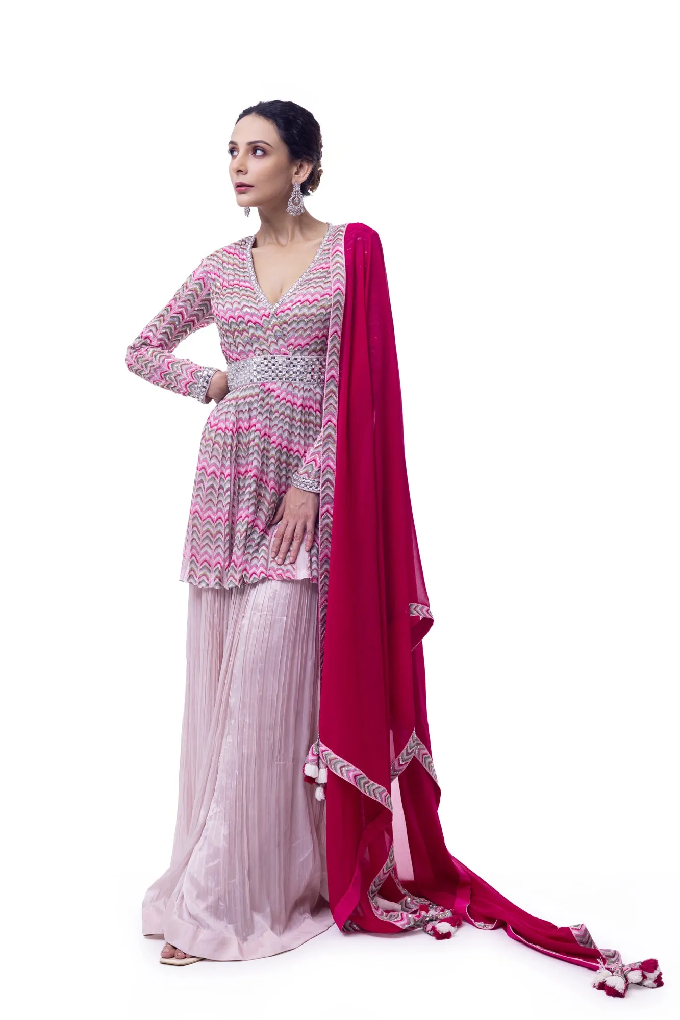 50Z910-RO Pink Chiffon Peplum Sharara Suit with Rani Dupatta