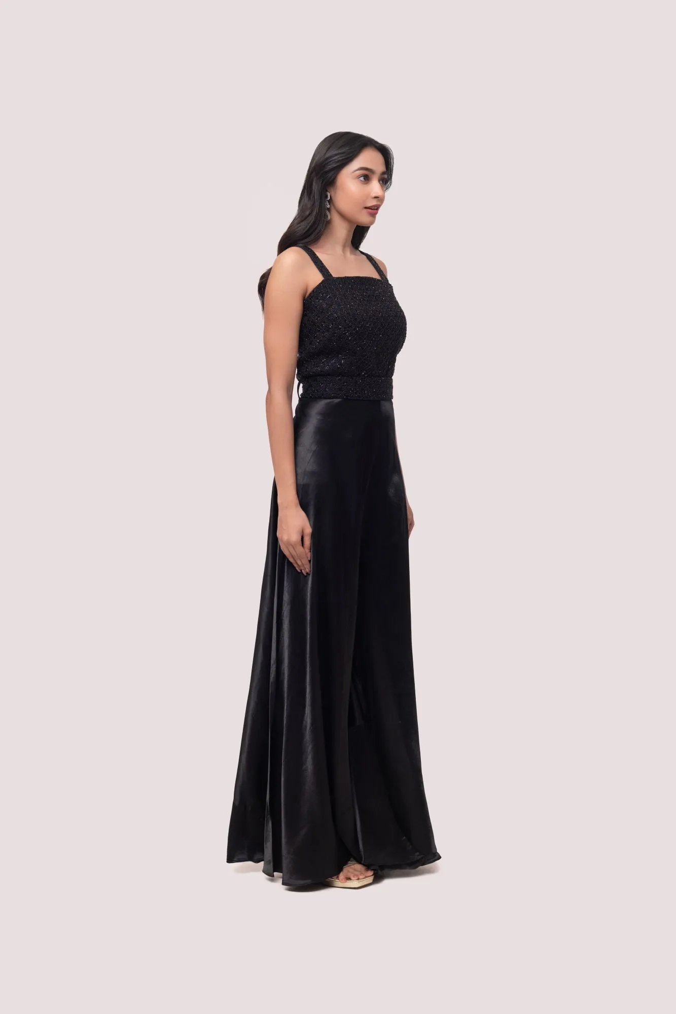 50Z985-RO Black Embellished Silk Jumpsuit