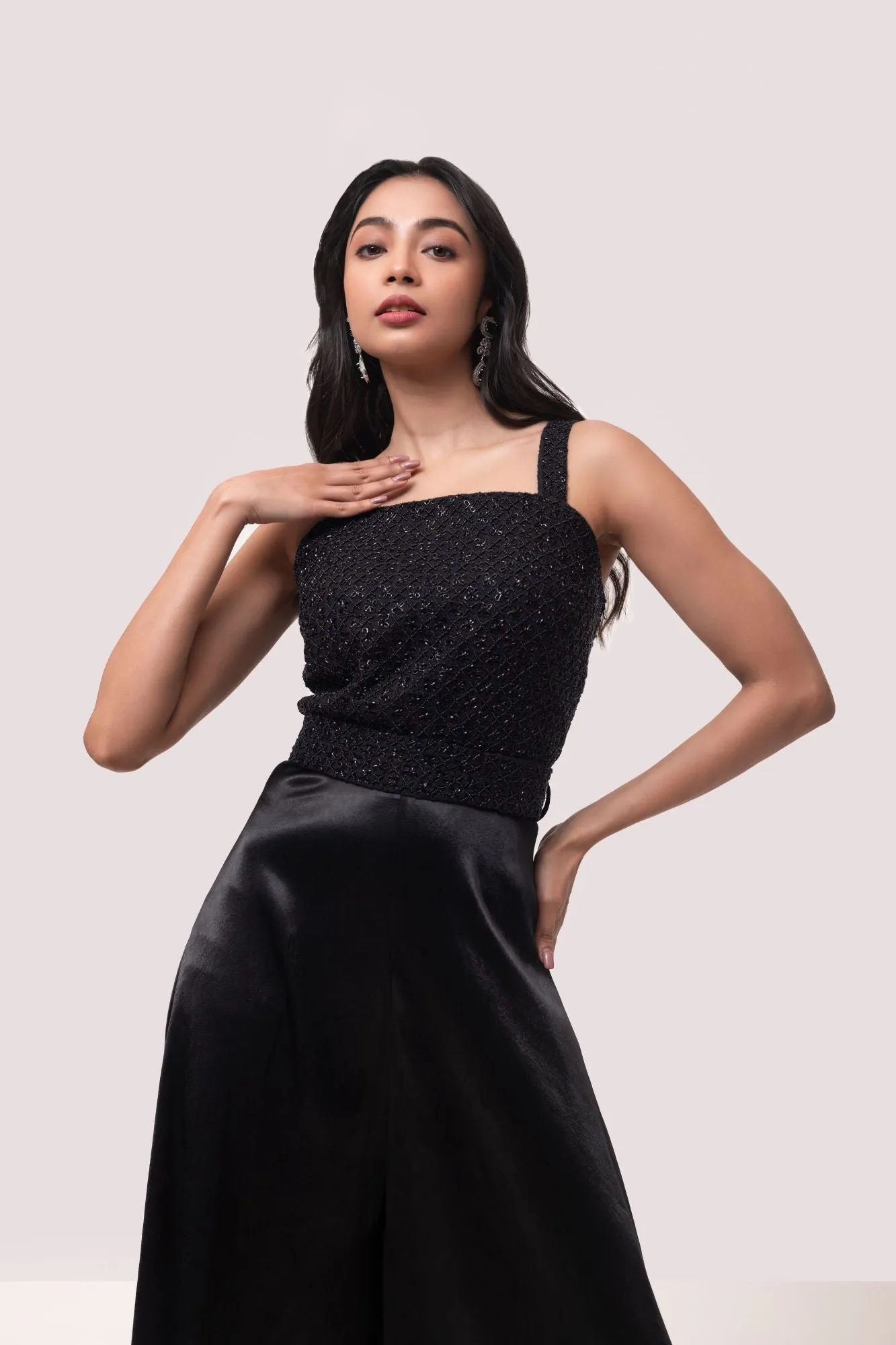 50Z985-RO Black Embellished Silk Jumpsuit