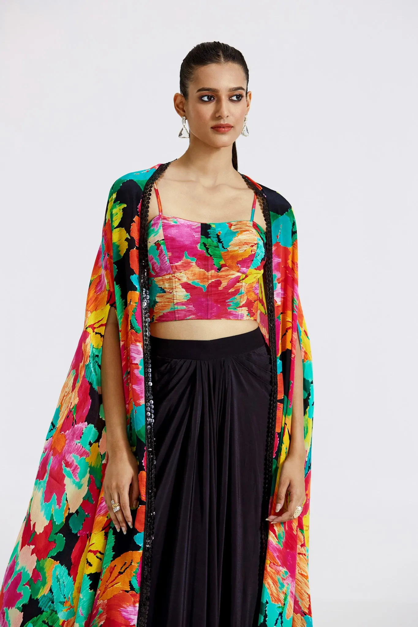 51Z032-RO Multicolor Black Crepe Draped Skirt Set with Cape