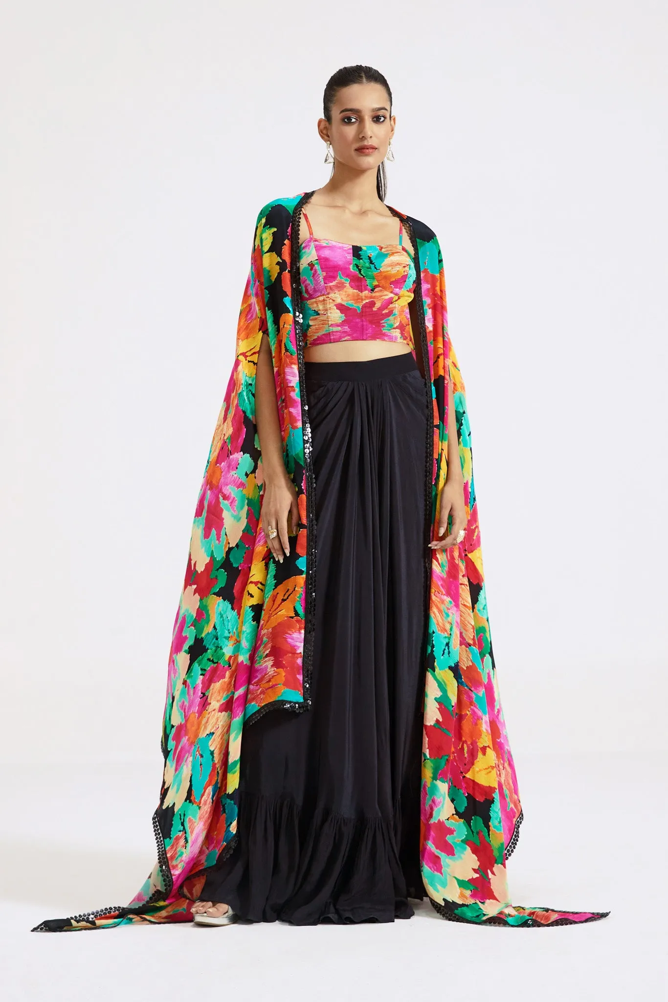 51Z032-RO Multicolor Black Crepe Draped Skirt Set with Cape