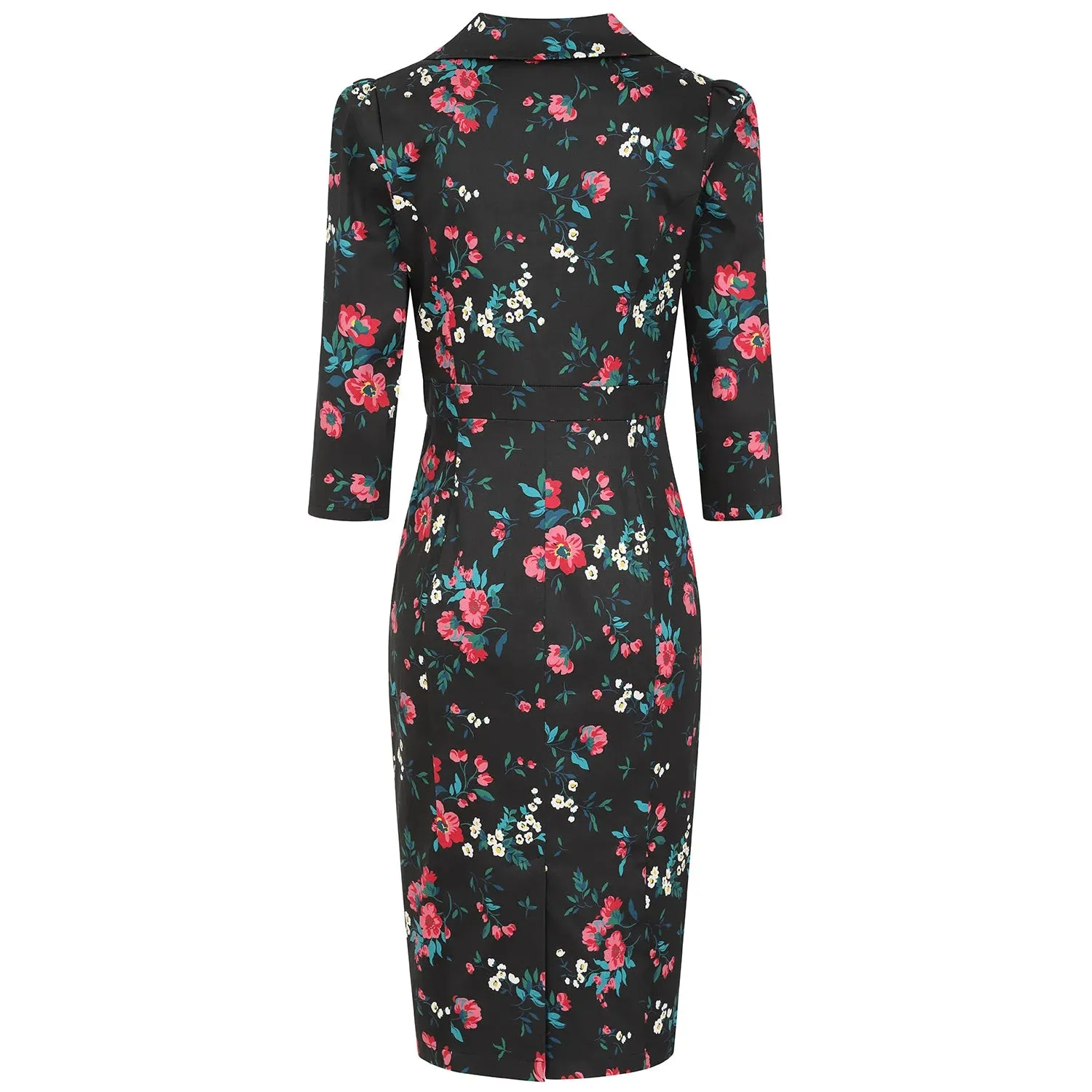 Black Collared Wiggle Dress in a Pink, White & Green Floral Print