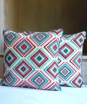 Blue handembroidered cotton cushion cover