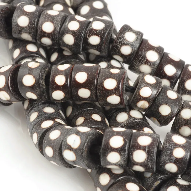 Carved-10mm Tube Bead-Brown With White Dots-Quantity 5 Loose Beads