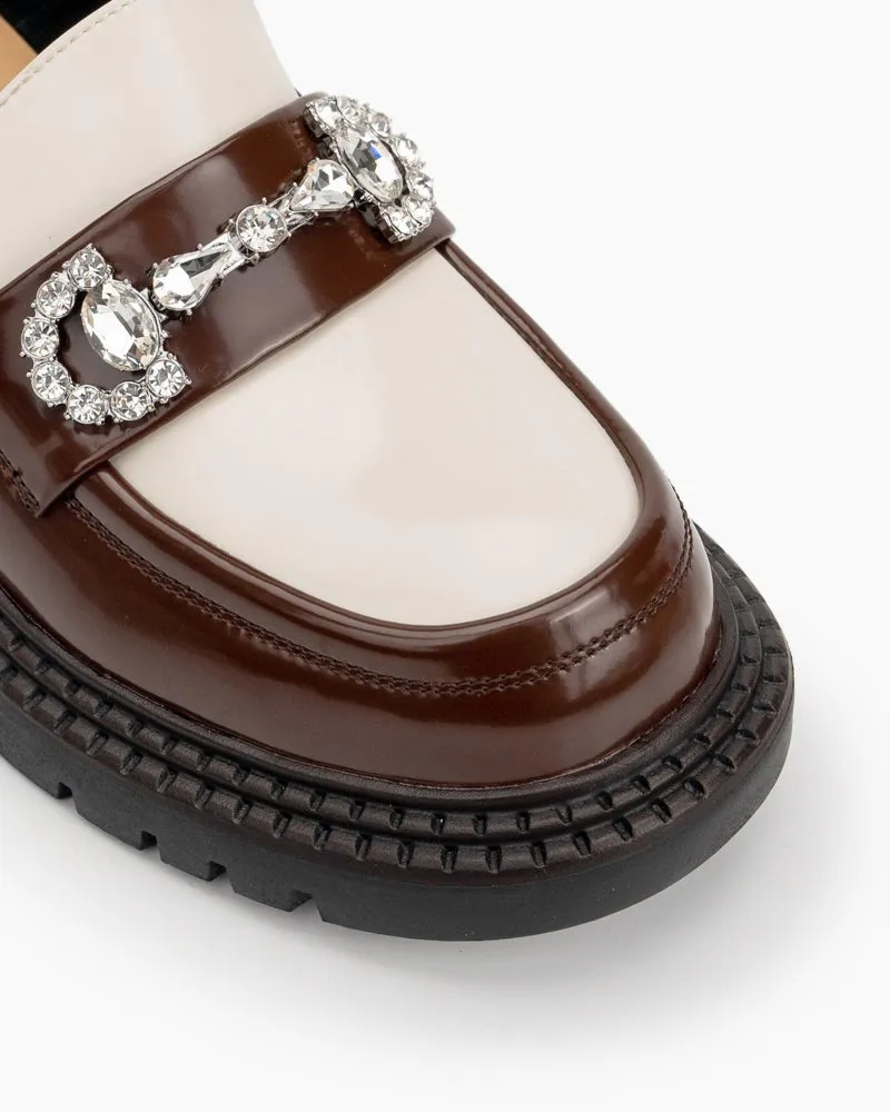 Classic Metal Buckle Rhinestones Slip On Comfort Flat Chunky Loafers