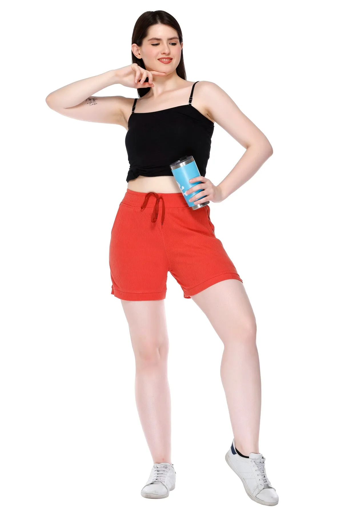 Cotton Cord Knit Shorts For Women - Tangy Orange