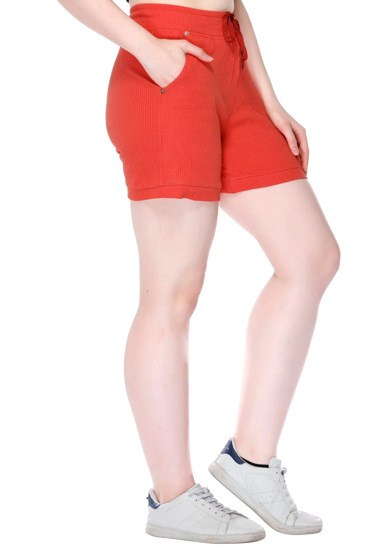 Cotton Cord Knit Shorts For Women - Tangy Orange