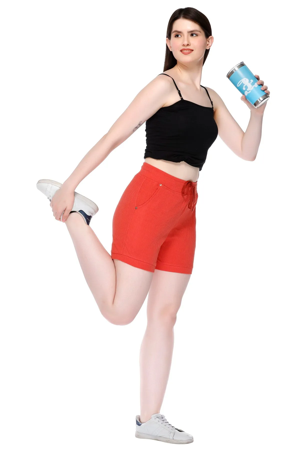 Cotton Cord Knit Shorts For Women - Tangy Orange