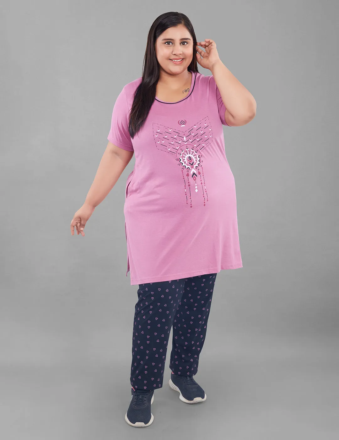 Cotton Nightsuit For Women - Long Top & Pyjama Set - Mauve&Black