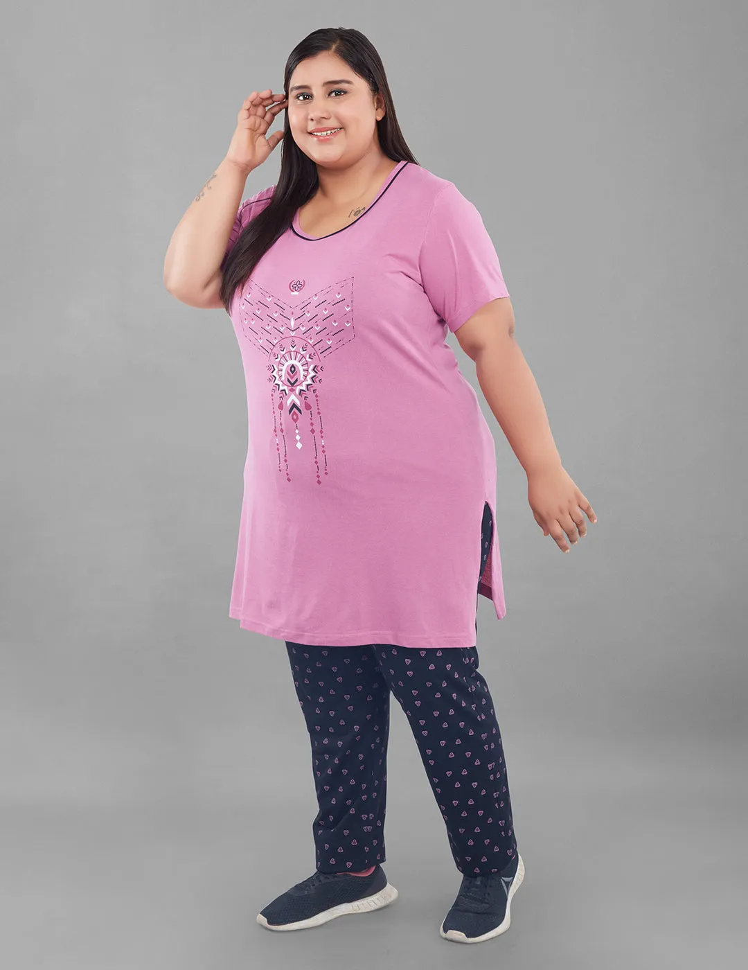 Cotton Nightsuit For Women - Long Top & Pyjama Set - Mauve&Black