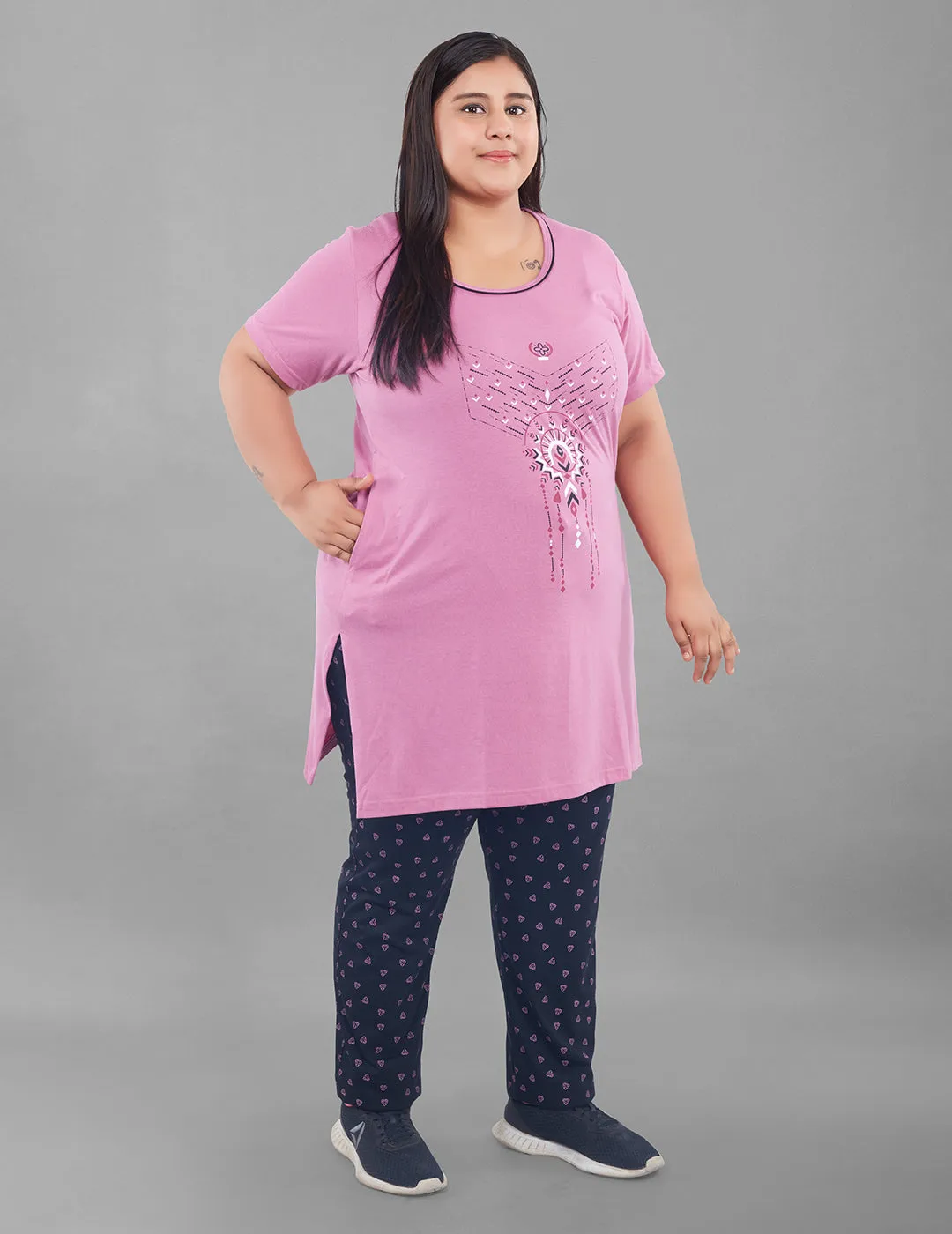 Cotton Nightsuit For Women - Long Top & Pyjama Set - Mauve&Black