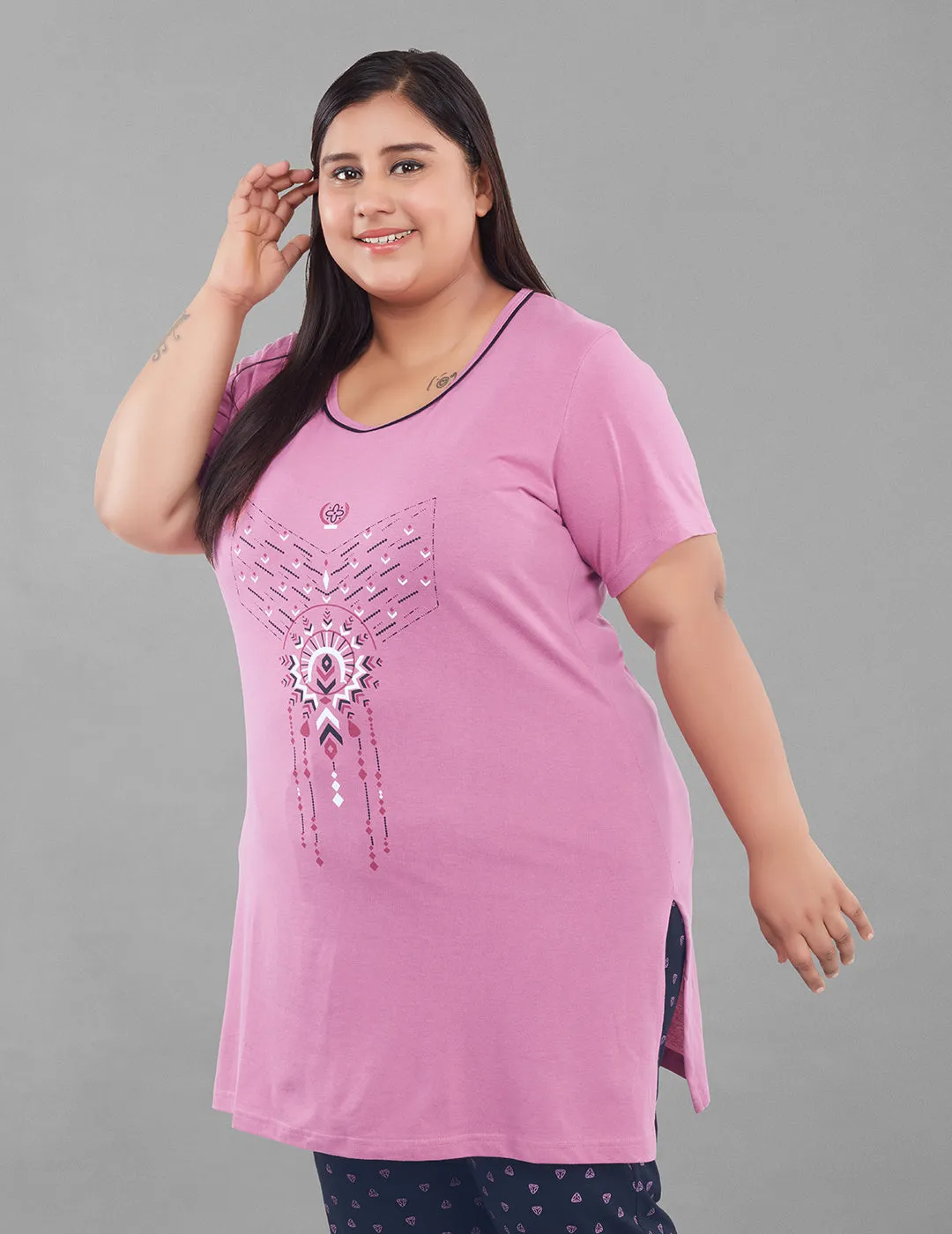 Cotton Nightsuit For Women - Long Top & Pyjama Set - Mauve&Black