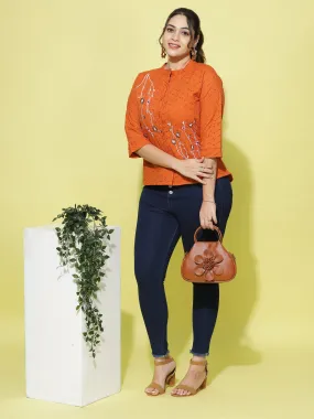 Cotton Top Floral Embroidery Rust