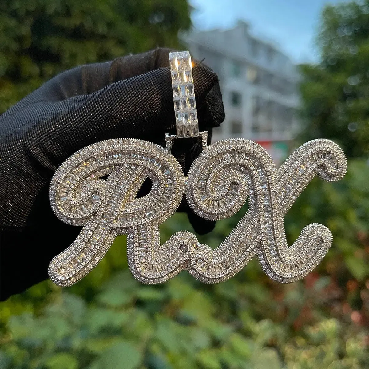 Custom Baguette Diamond Cursive Font Pendant