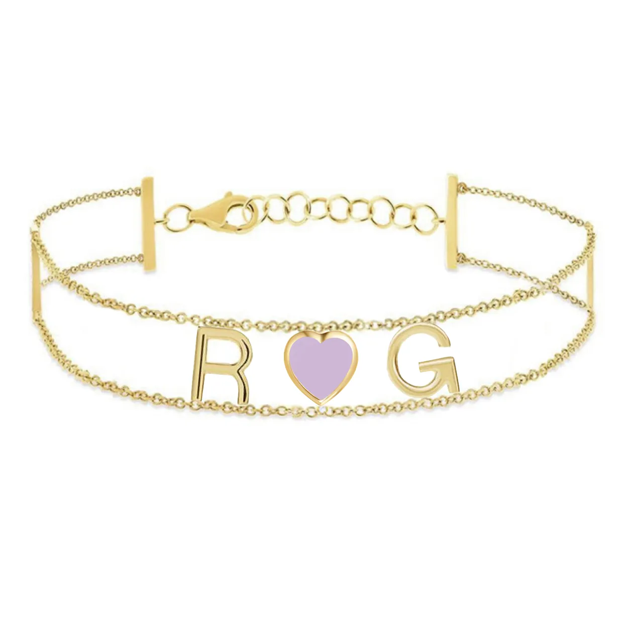 Custom Initials And Enamel Middle Heart Double Chain Bracelet