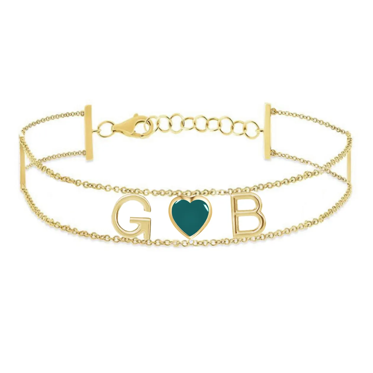 Custom Initials And Enamel Middle Heart Double Chain Bracelet