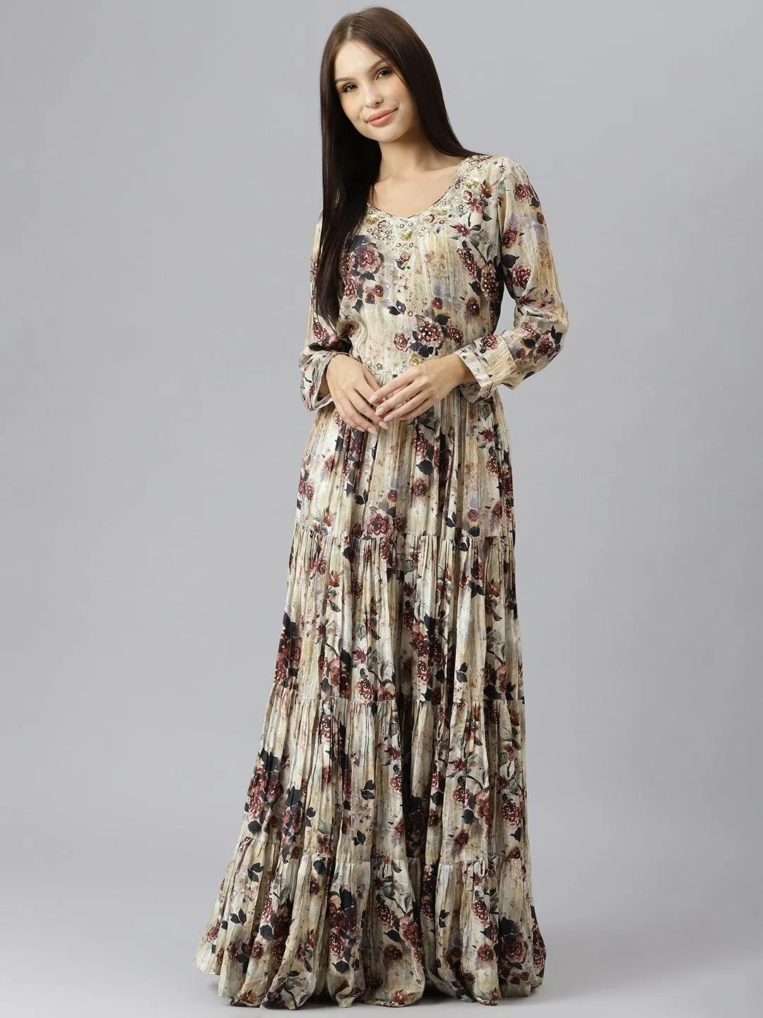 Divena Cream Floral Printed Muslin Flared Gown