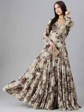 Divena Cream Floral Printed Muslin Flared Gown