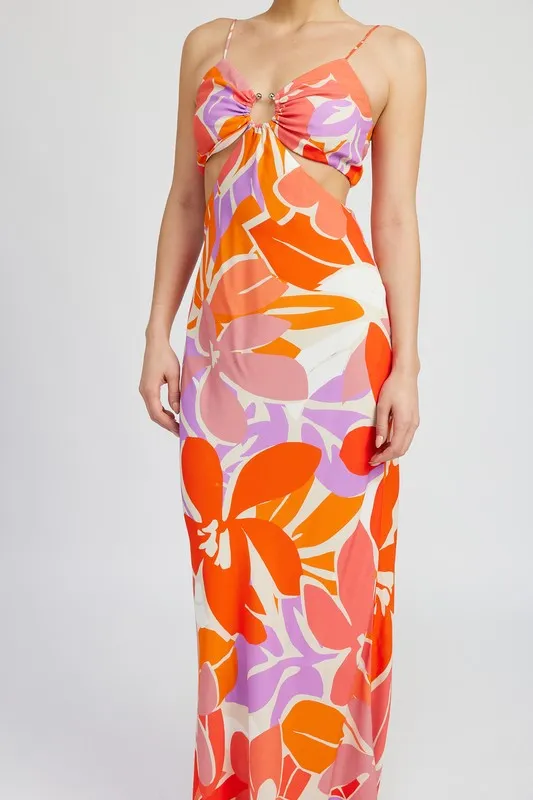 FLORAL CUT OUT MAXI DRESS WITH O RING DETAIL