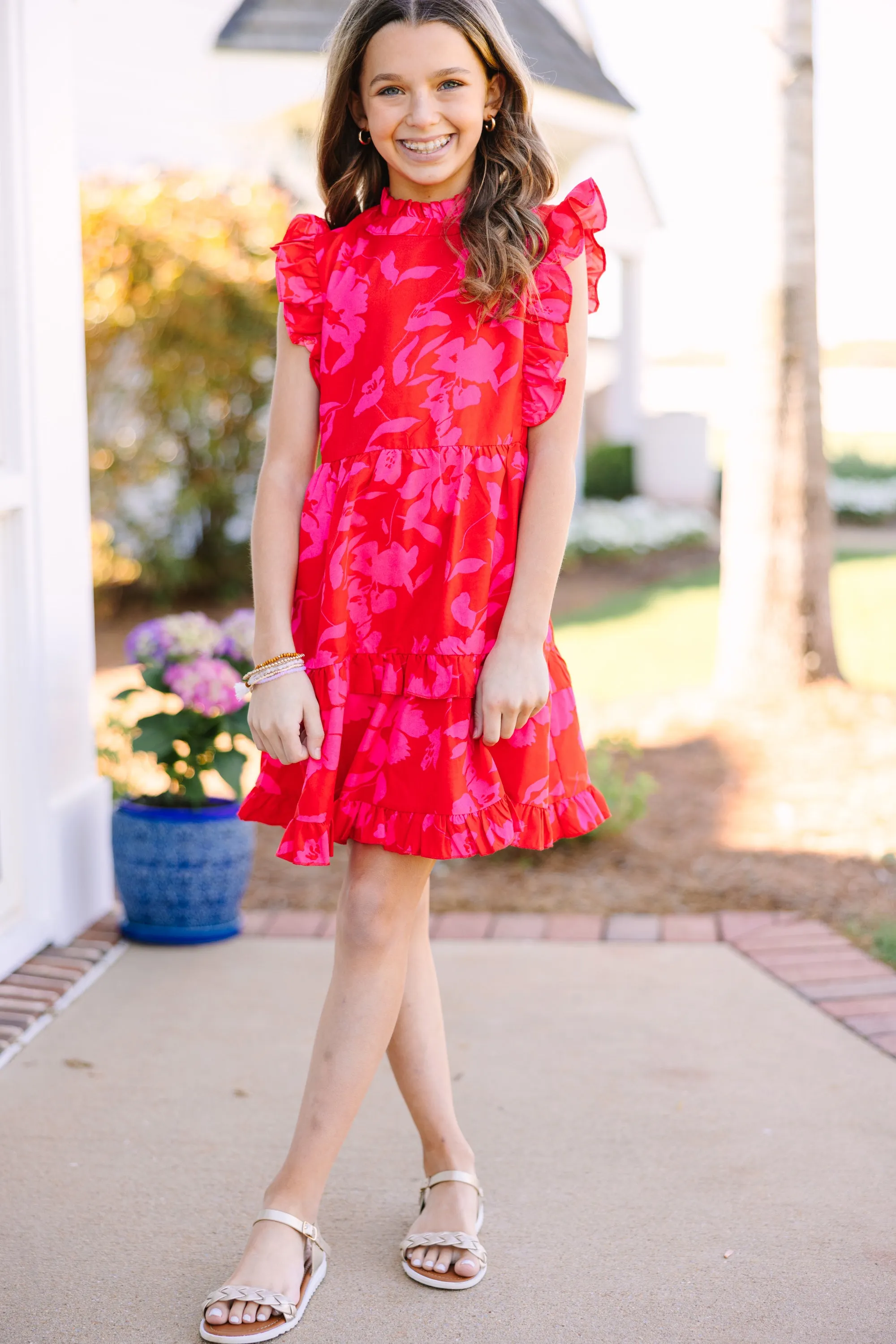 Girls: A True Beauty Red Floral Dress