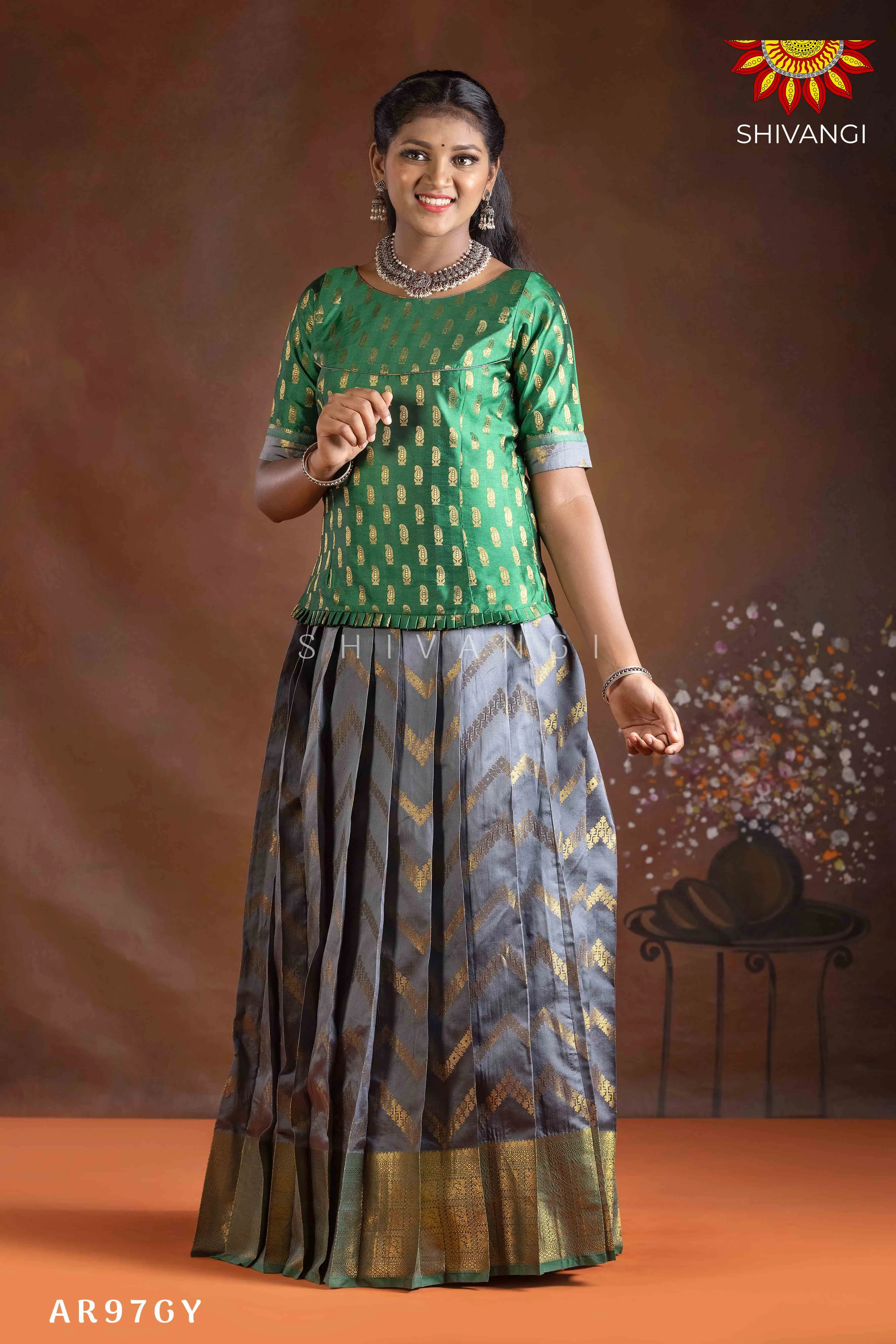 Girls Grey Floral Link Pattu Pavadai | Langa