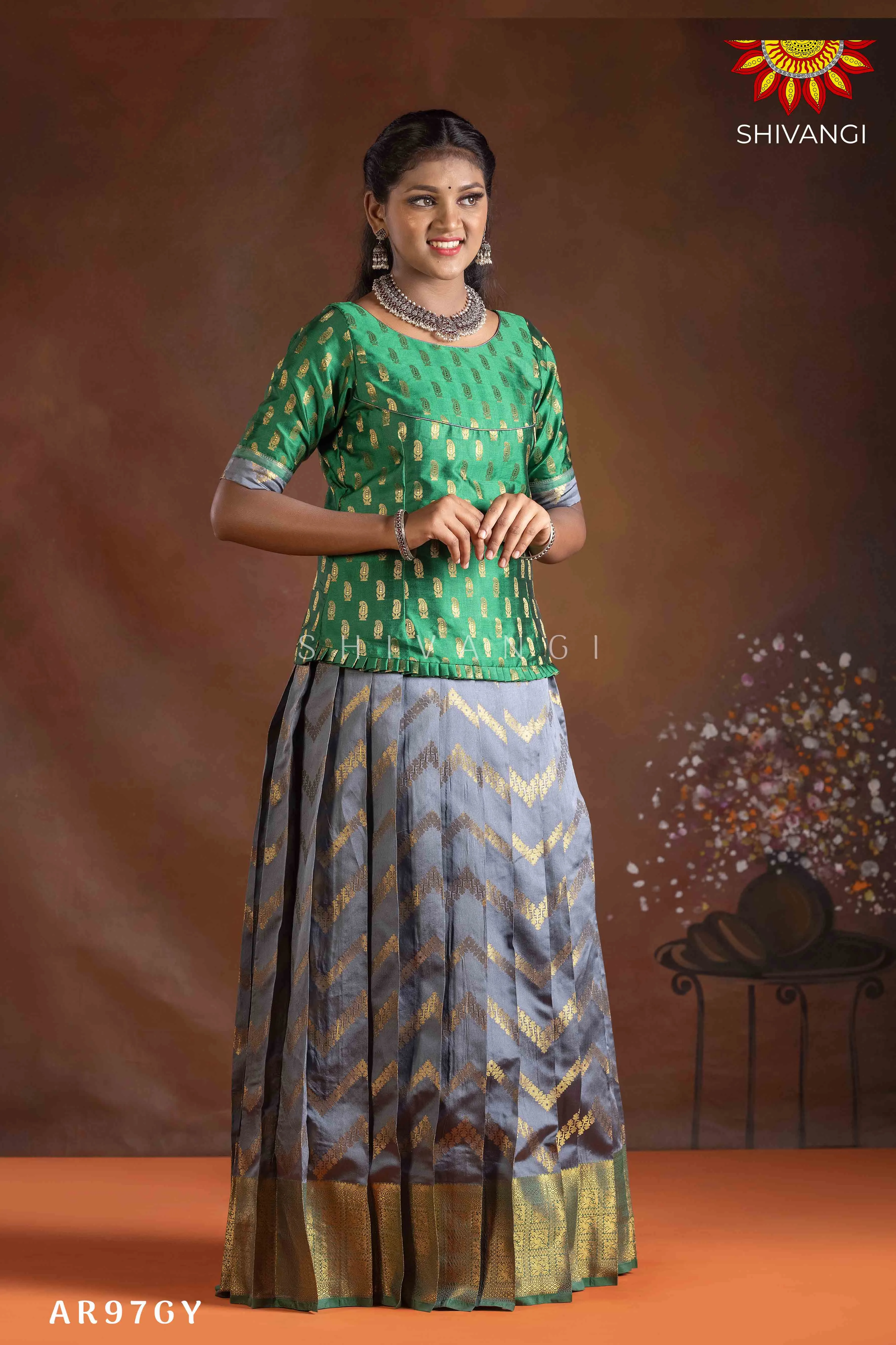 Girls Grey Floral Link Pattu Pavadai | Langa