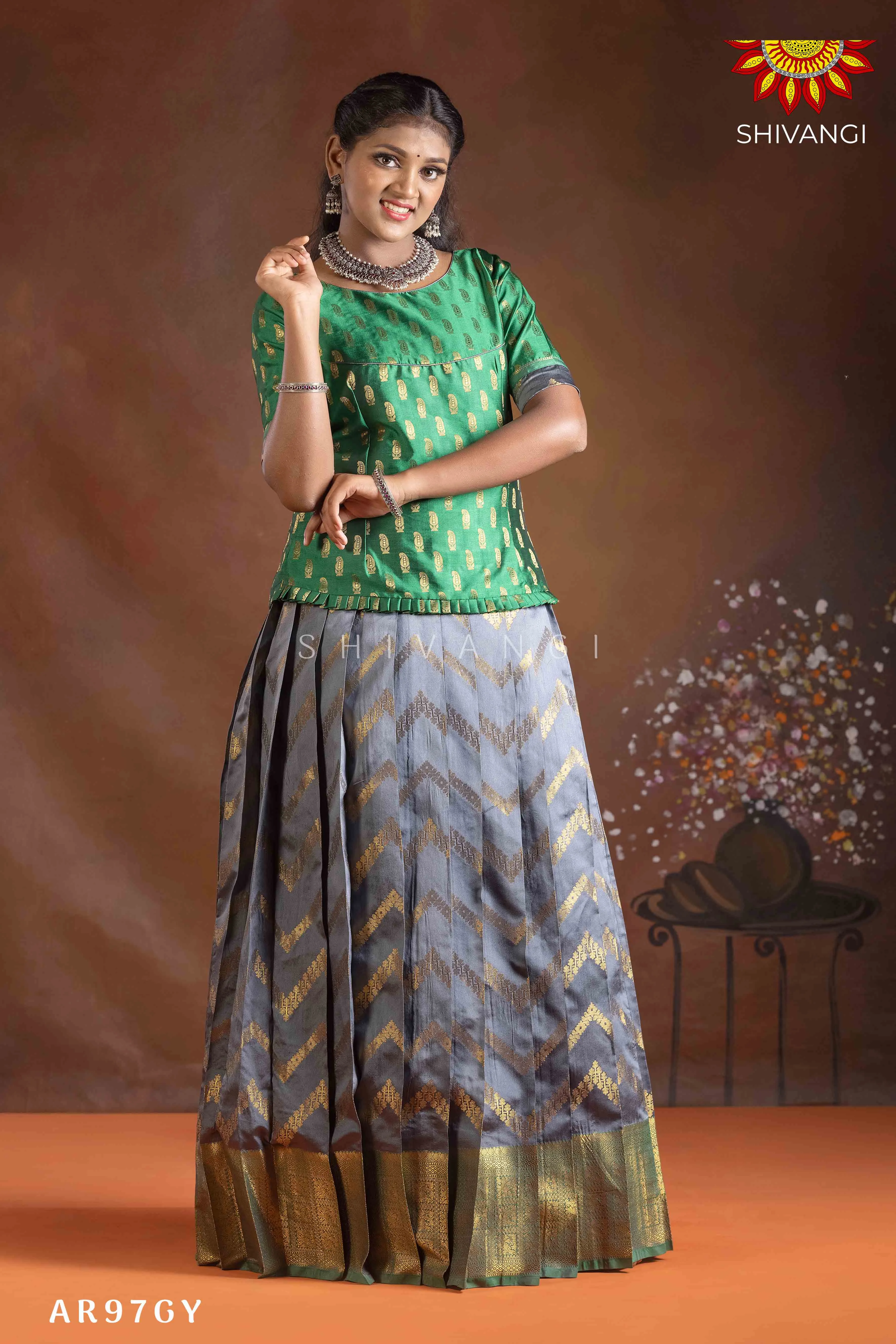 Girls Grey Floral Link Pattu Pavadai | Langa