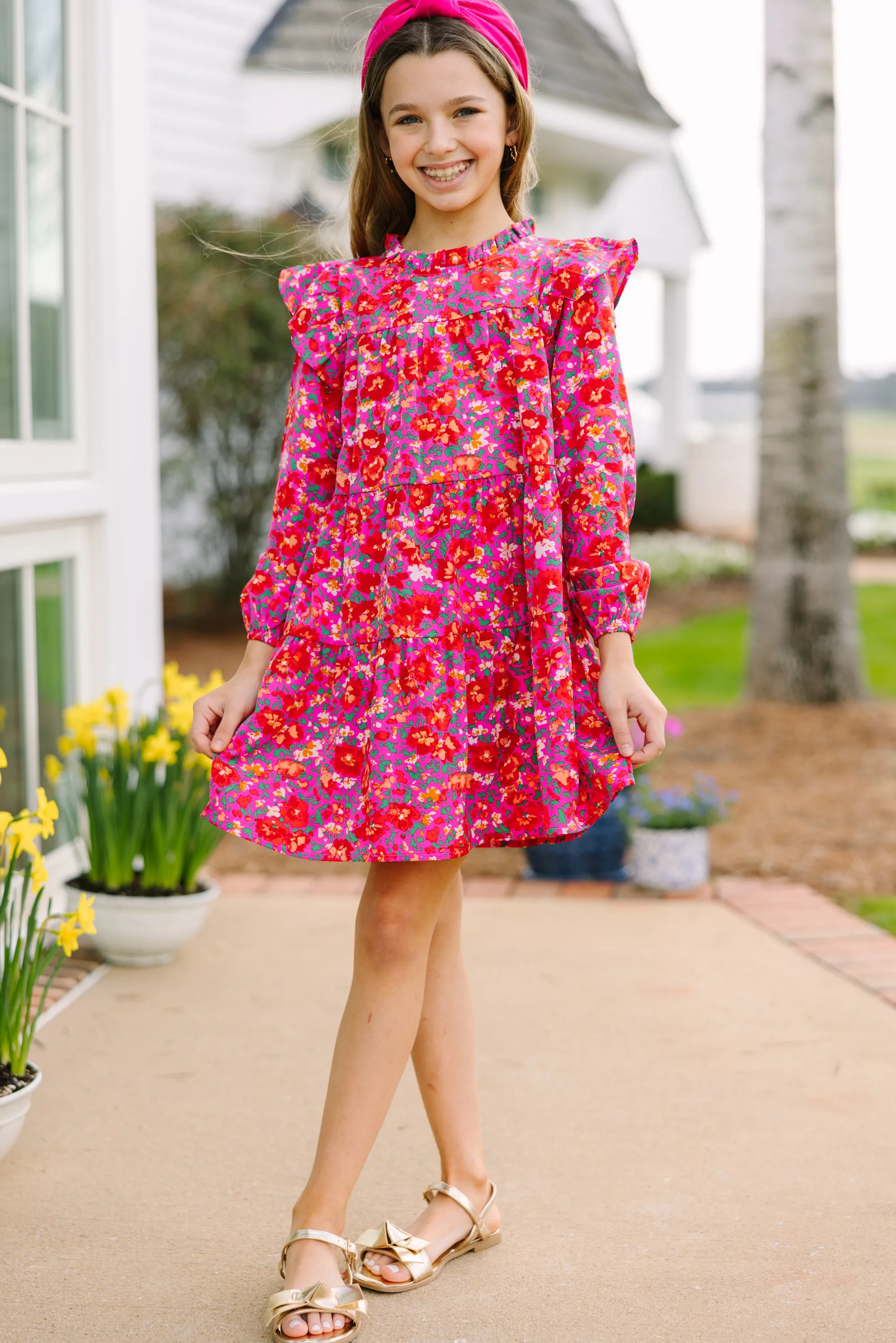 Girls: Make My Day Fuchsia Pink Ditsy Floral L/S Babydoll Dress