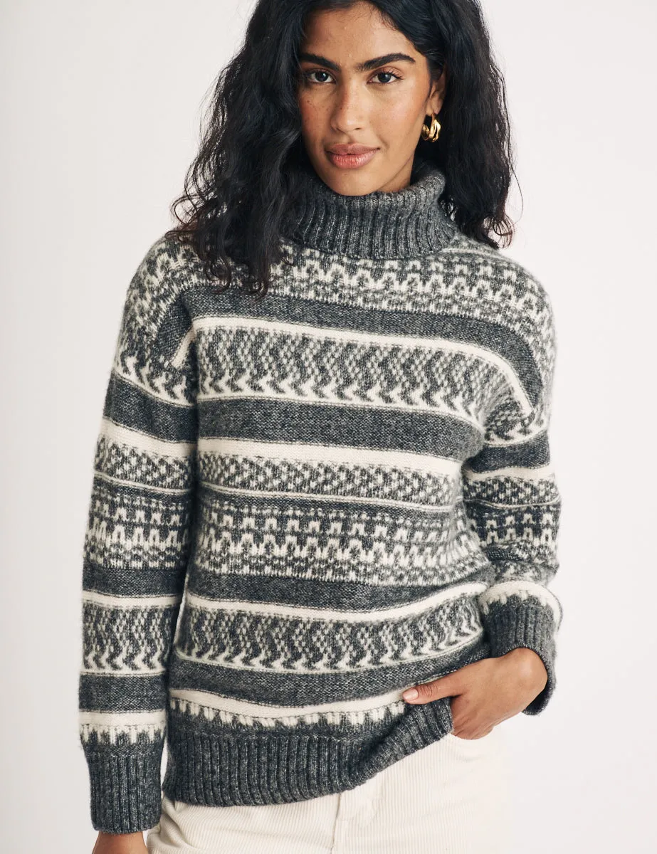 Grey Fair Isle Knitted Wool Roll Neck Jumper