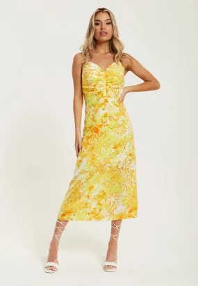 Liquorish Yellow And Orange Floral Print Ruched Maxi Dress